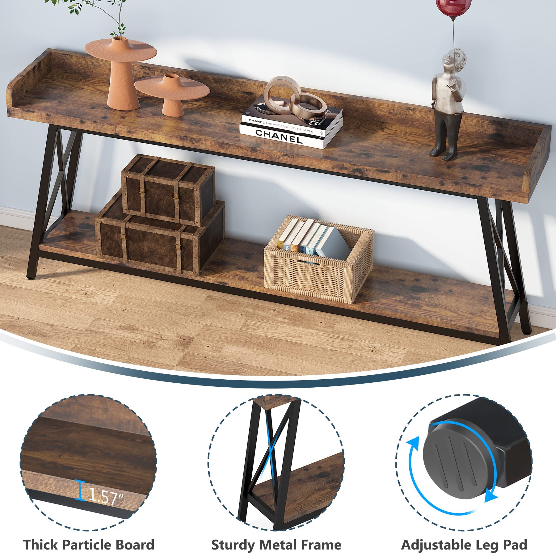 70.9 inch Extra Long Console Table Behind Couch, Rustic Industrial Sofa Table for Living Room,