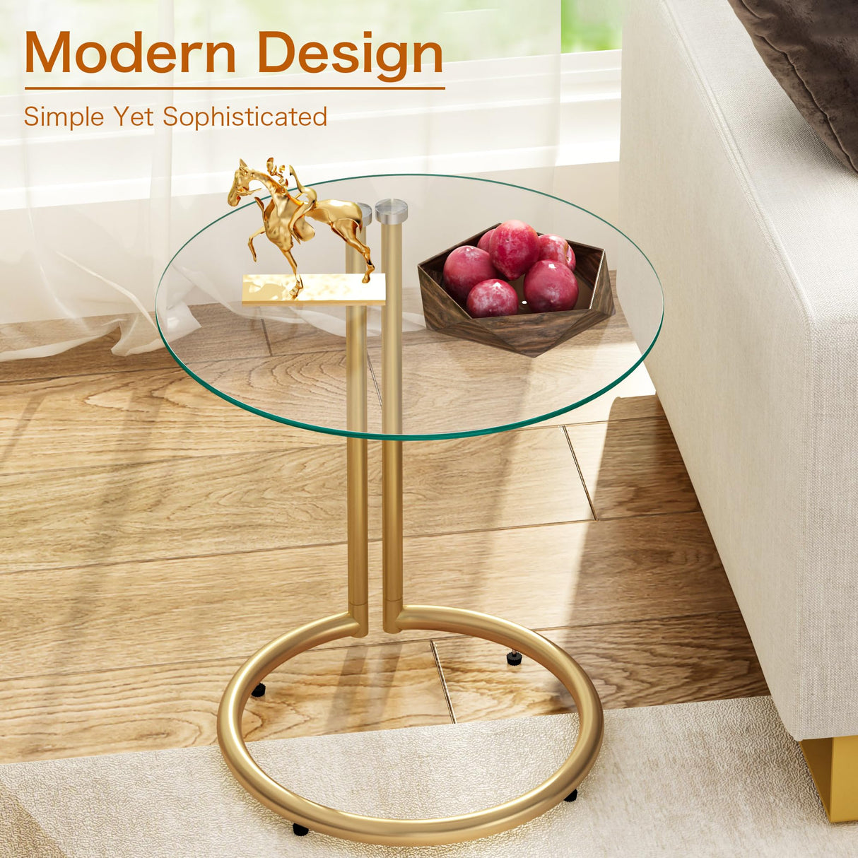 Gold End Table Modern, Round Side Table with Tempered Glass Top and Metal Stand