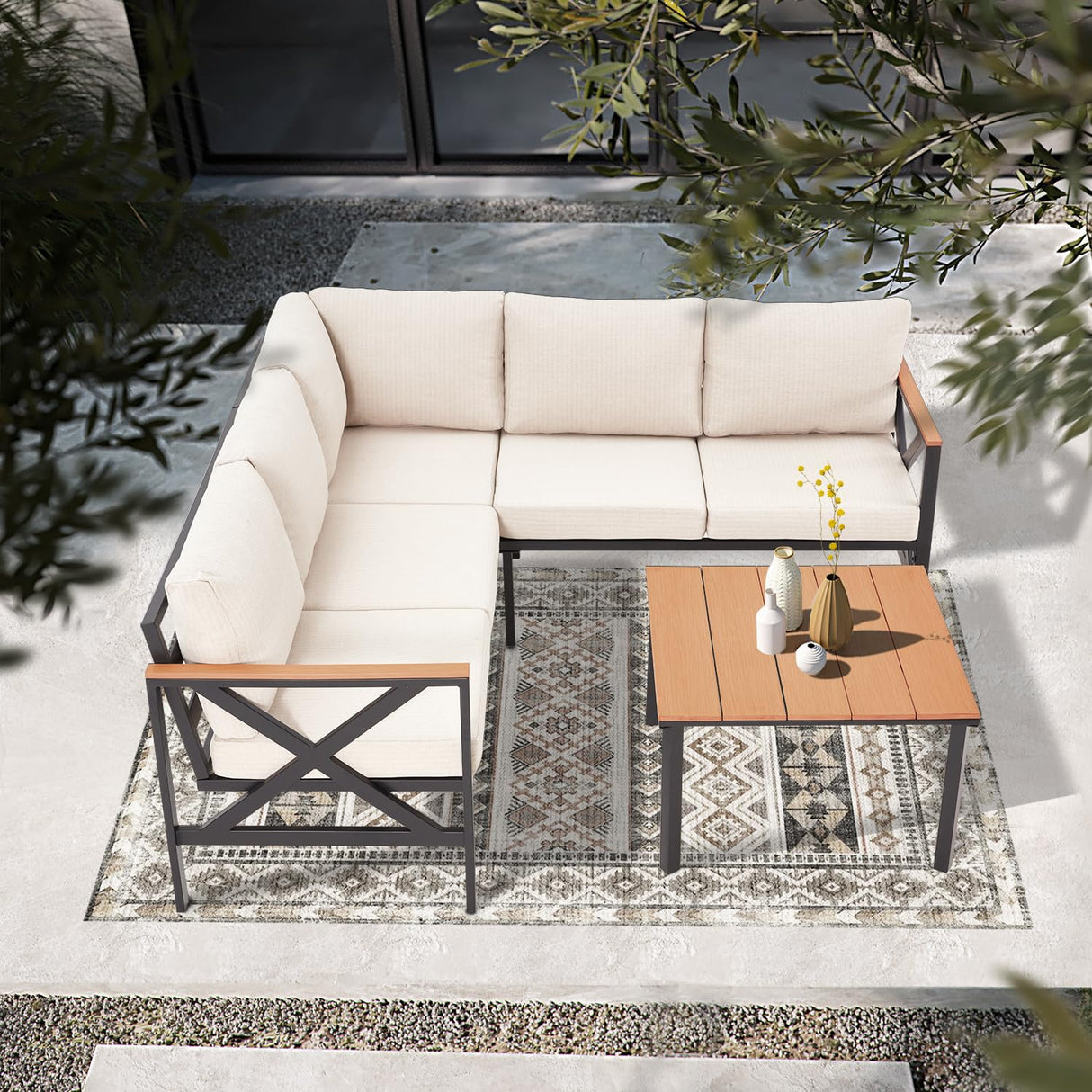 6 Pieces Patio Furniture Sets, L-Shaped Patio Conversation Sets Metal Outdoor ,Sofas