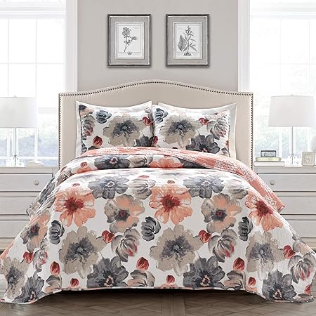 Leah Reversible Floral Quilt Set, 3 Piece Set, King, Gray & Purple - Charming