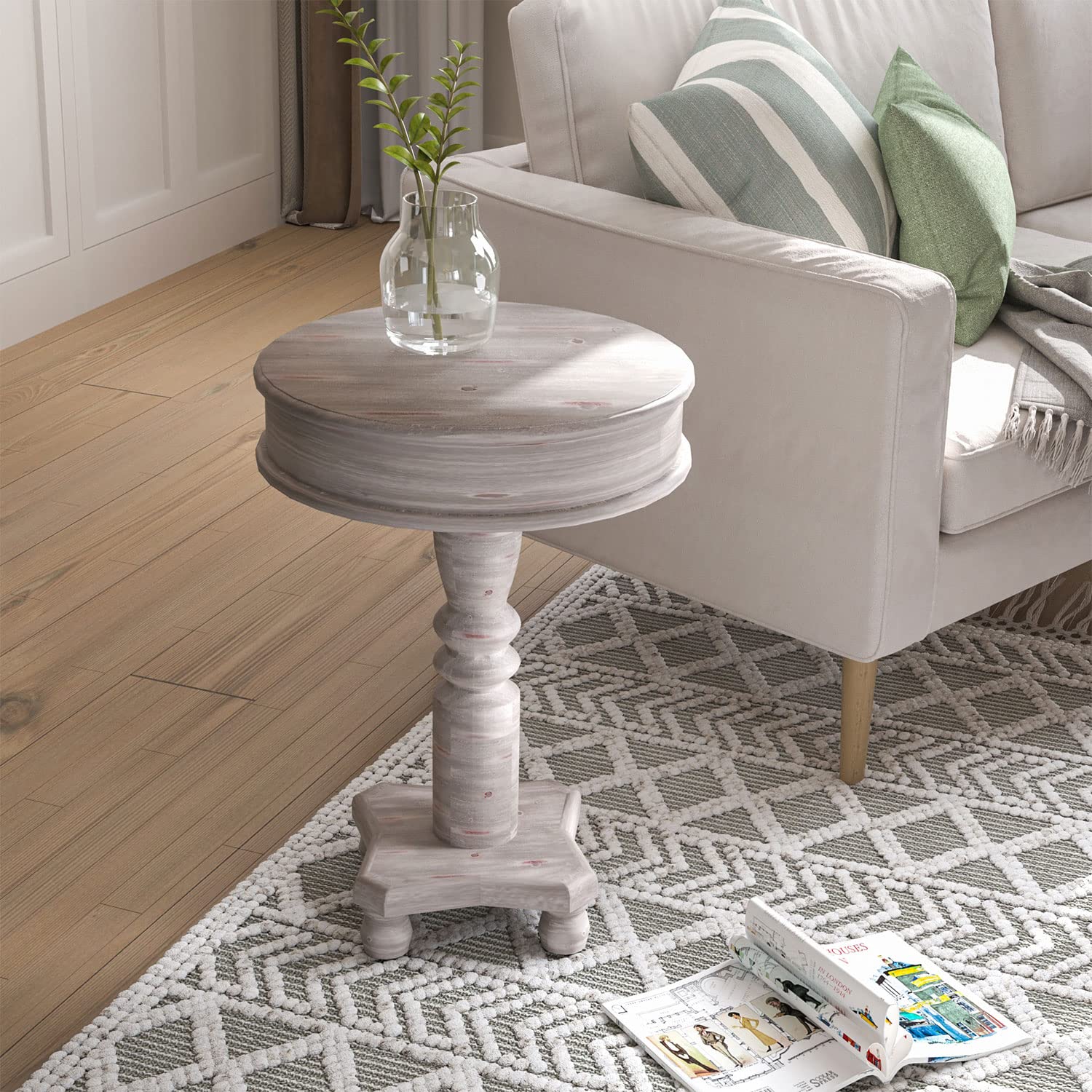 Rustic Accent Side Table, Farmhouse Wood Pedestal Table Round End Table for Living