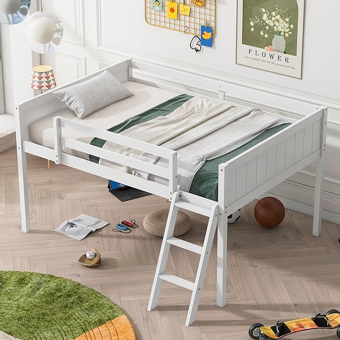 Twin Low Loft Bed, Twin Size Loft Bed with Ladder & Safety Guardrails, Wood Junior Lof