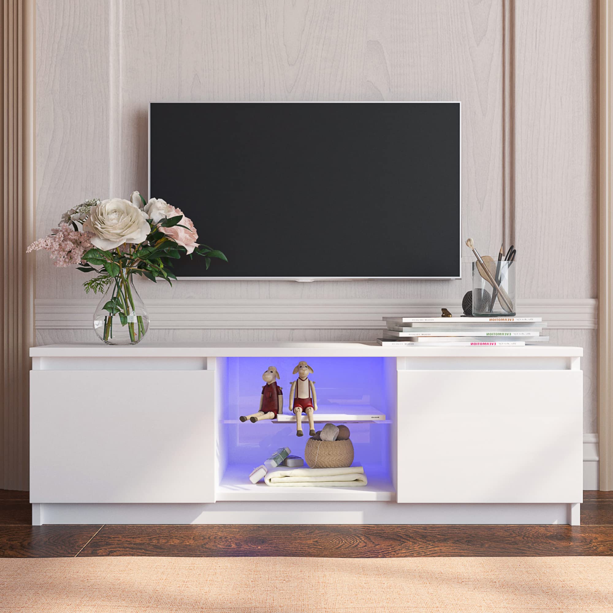 White TV Stand with LED Light for 55 Inch TV, Modern Entertainment Center Stand