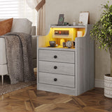 Grey Nightstand Set of 2,LED Nightstand with Charging Station