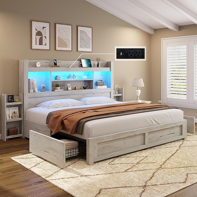 Queen Bed Frame with 4 Storage Drawer, LED Bed Frame with 49.6" Tall Bookcase