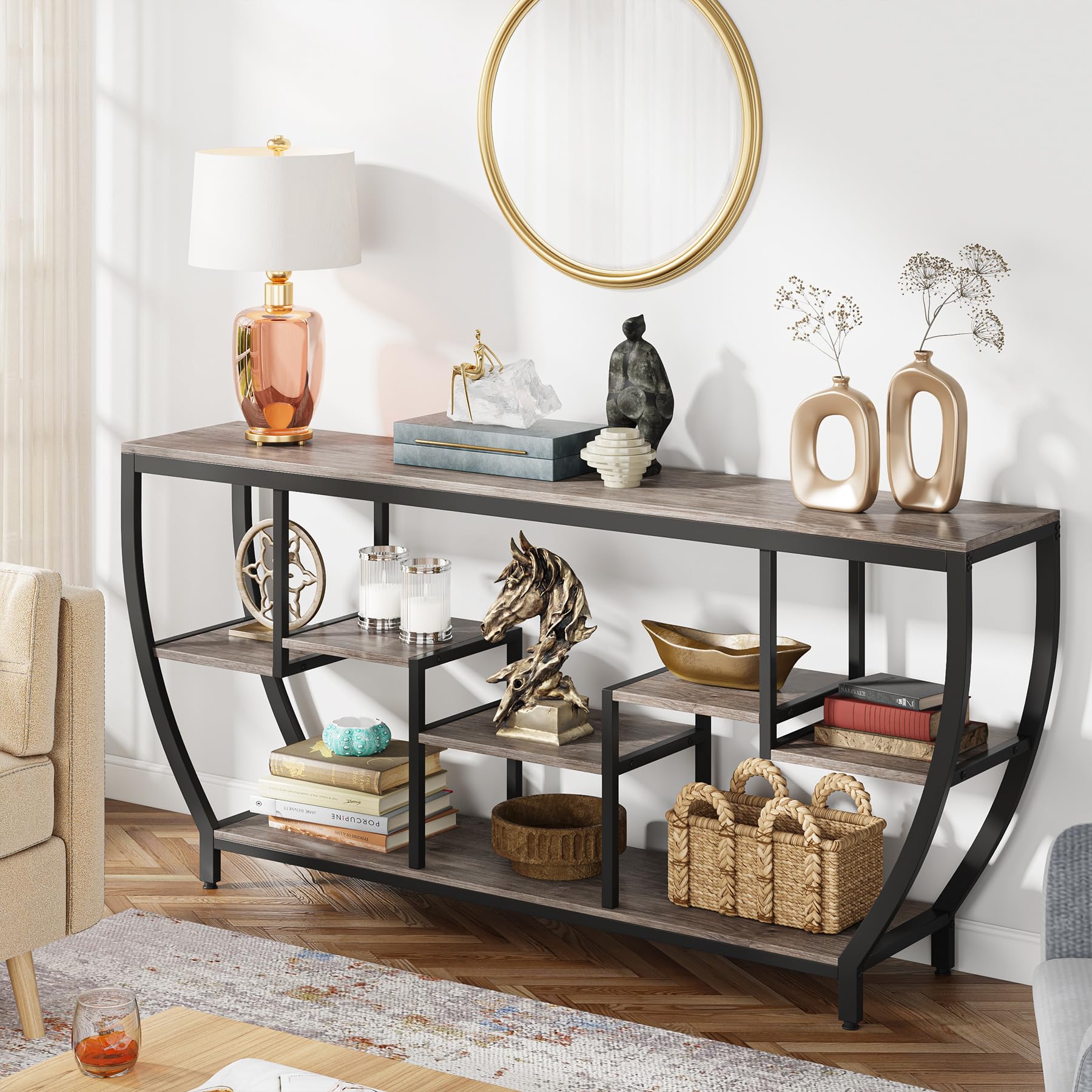 70.9 Inch Long Sofa Table with Shelves, Rustic Console Table with Storage,