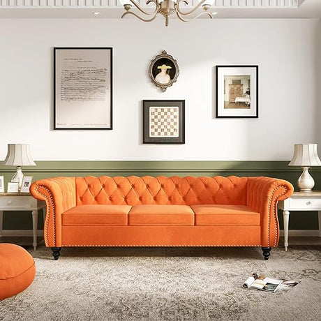 Modern Tufted Couch 3 Seater with Rolled Arms and Nailhead