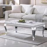 47 inch White Marble Coffee Table with Mirrored Stainless Steel Metal Legs