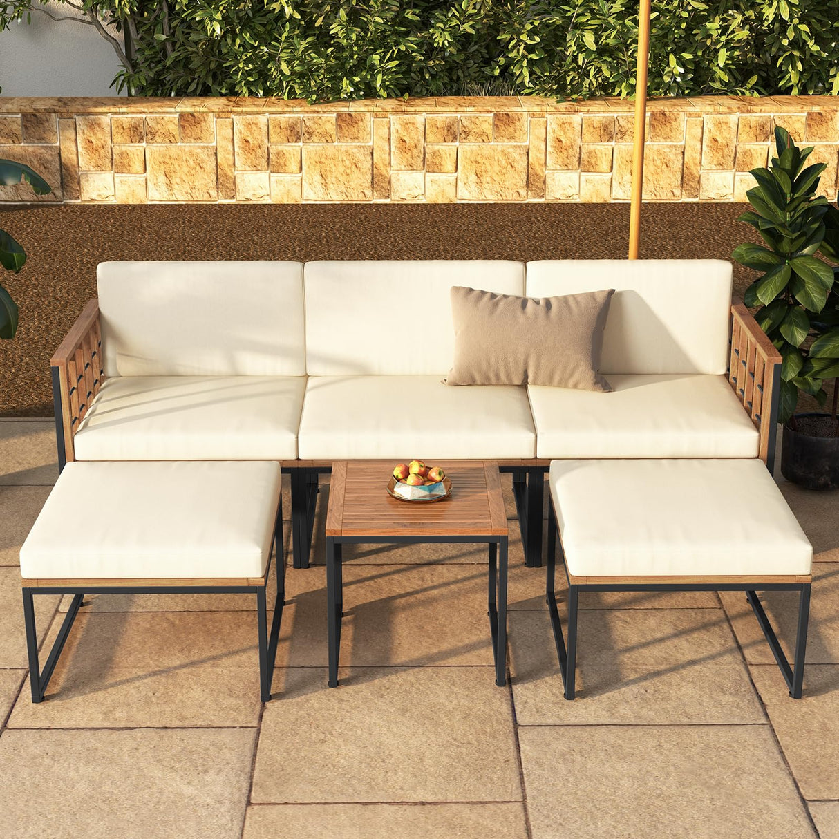 6 Piece Patio Conversation Sofa Set, Acacia Wood Chair Set