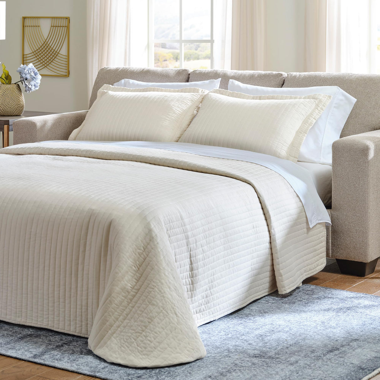 Signature Design by Ashley Deltona Contemporary 2-in-1 Sofa Sleeper with Folding Gel Memory Foam Mattress and 2 Accent Pillows, Queen, Beige
