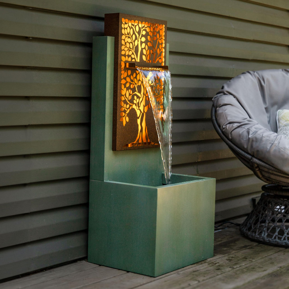 Oak Outdoor Water Fountain with Lights - Galvanized Steel - 41.25-Inch - Includes Warm