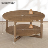 Round Coffee Table, 35" Rustic Modern Circle Coffee Tables with 2-Tier Storage Shelf