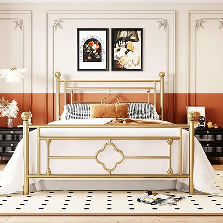 Queen Size Metal Platform Bed Frame with Victorian Vintage Headboard