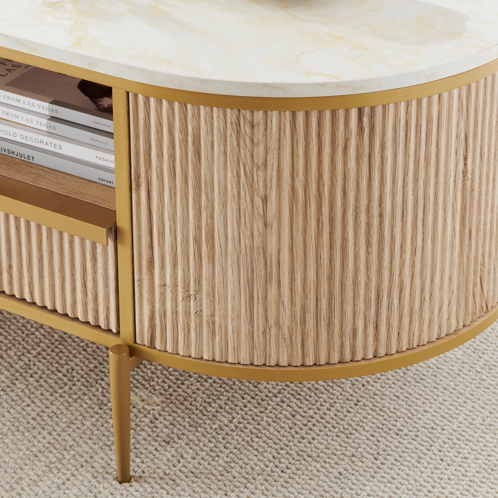 Modern Oval Coffee Table – Faux Marble Top, Gold Metal Accents,