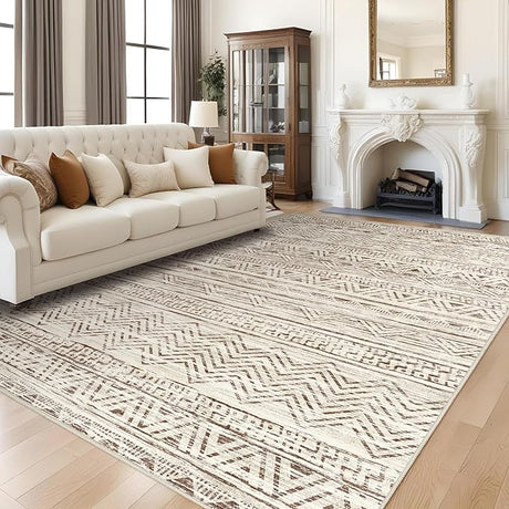 Abstract 8x10 Area Rug: Retro Soft Washable Non-Slip Neutral Area Rugs for Living Room