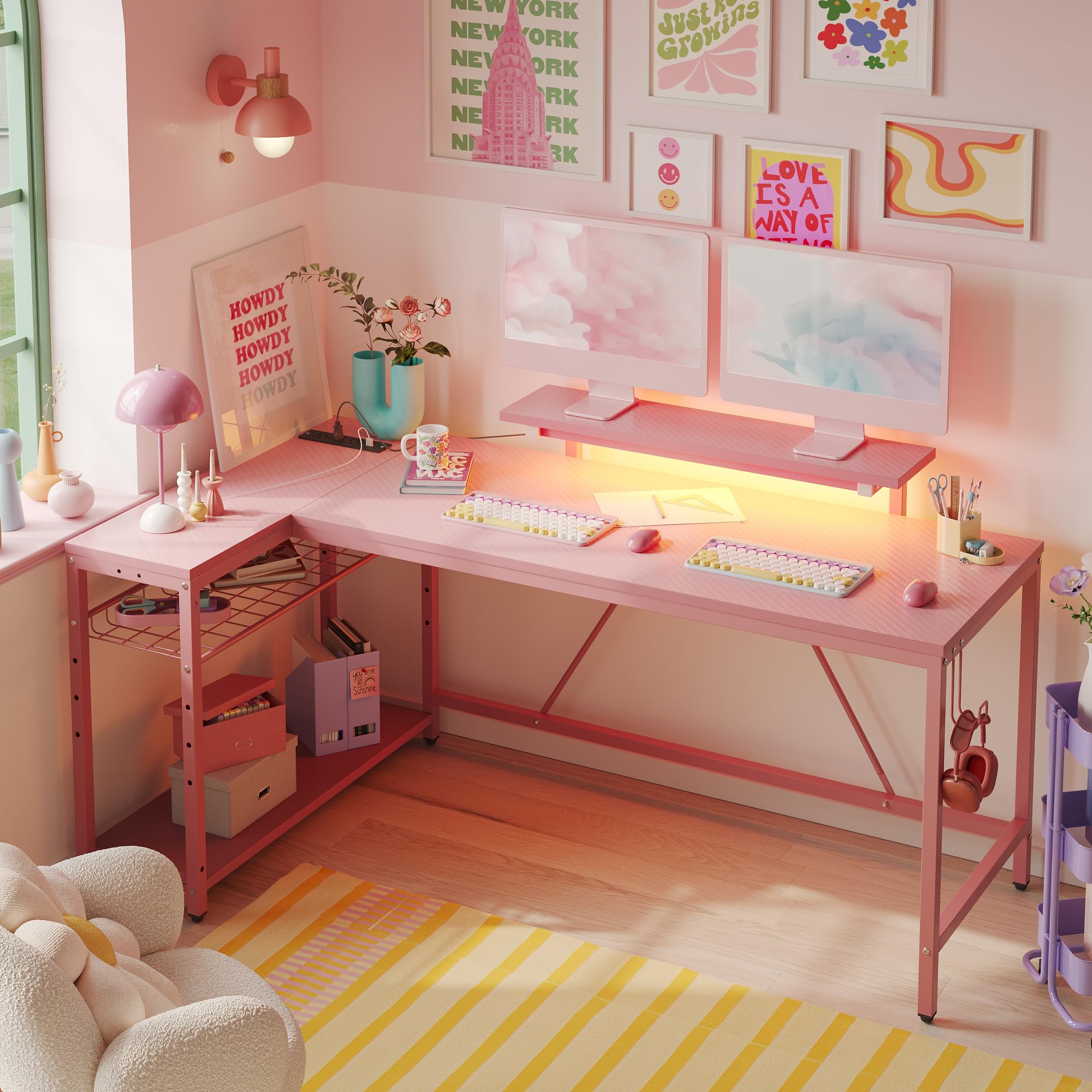 L Shaped Gaming Desk with Power Outlets,58 LED Small Corner Desk with Reversible Storage Shelves