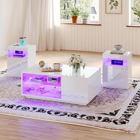 3-Piece Modern High Gloss LED Table Set, Coffee Table with 20-Color LED Lights