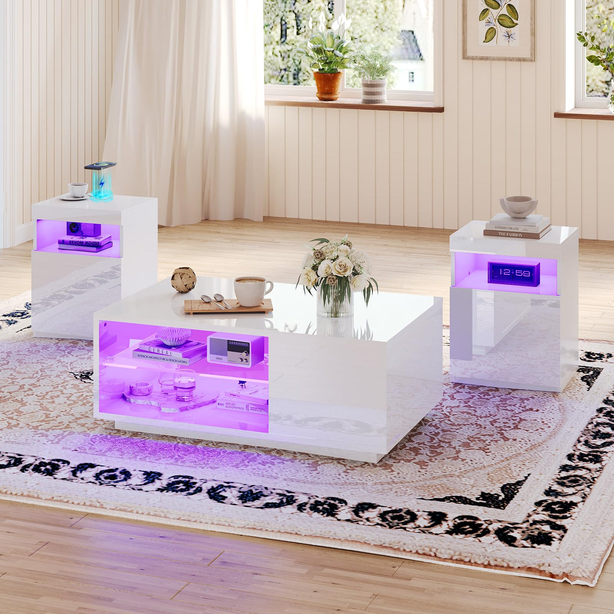 3-Piece Modern High Gloss LED Table Set, Coffee Table with 20-Color LED Lights