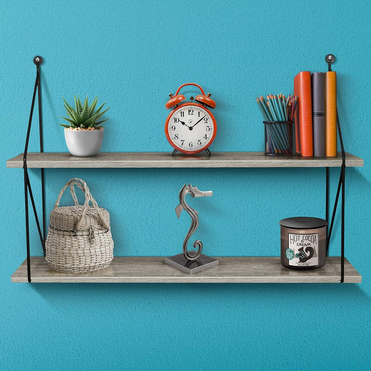 Floating Shelf with Metal Brackets — Wall Mounted Rustic Wood Wall Storage