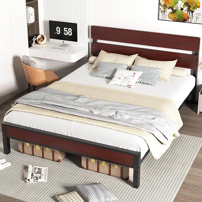 Bed Frame with Wood Headboard and Footboard, Platform Full Bed Frame