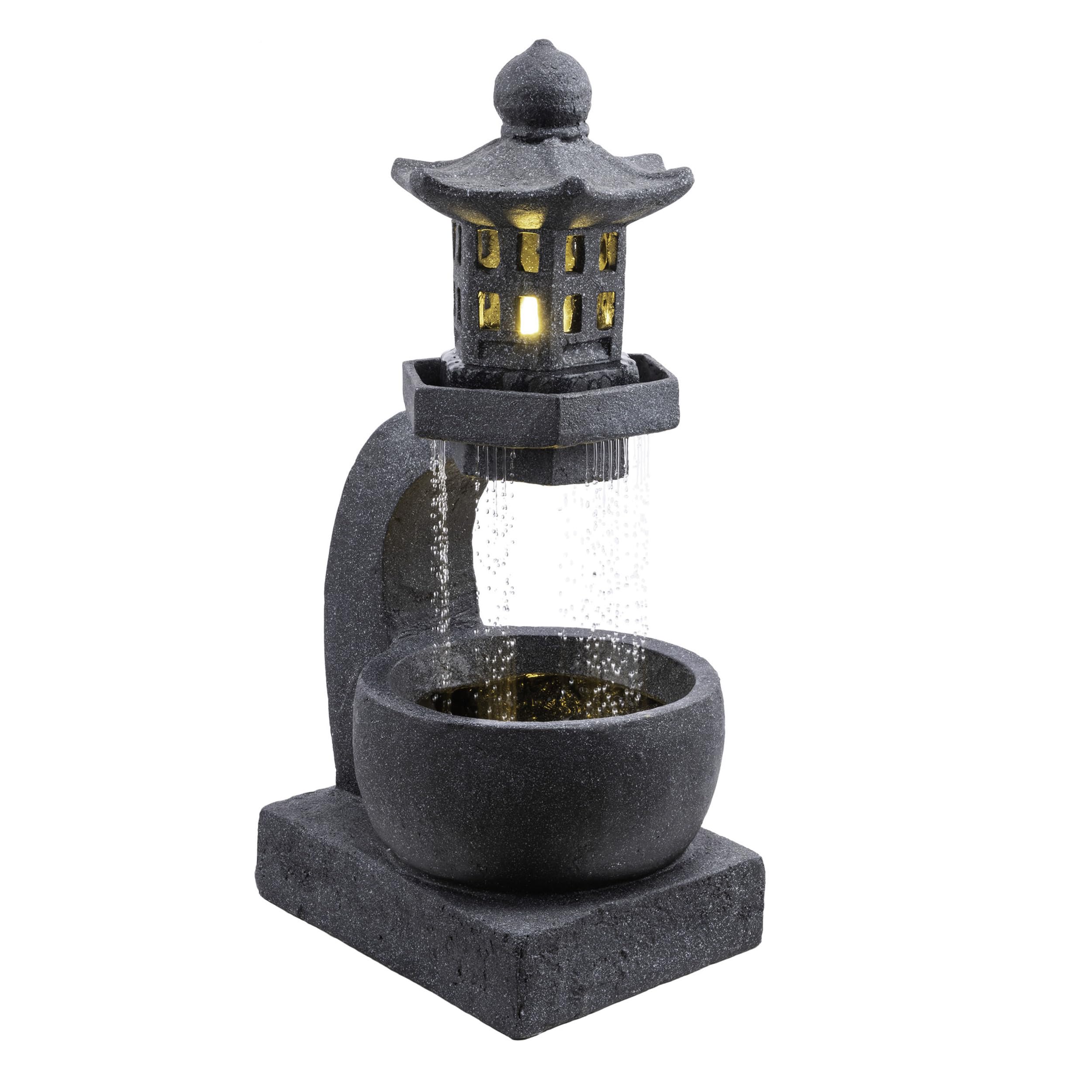 DIG370 31" Outdoor Zen Pagoda Water Fountain with LED Lights & Illuminated Stone Bowl
