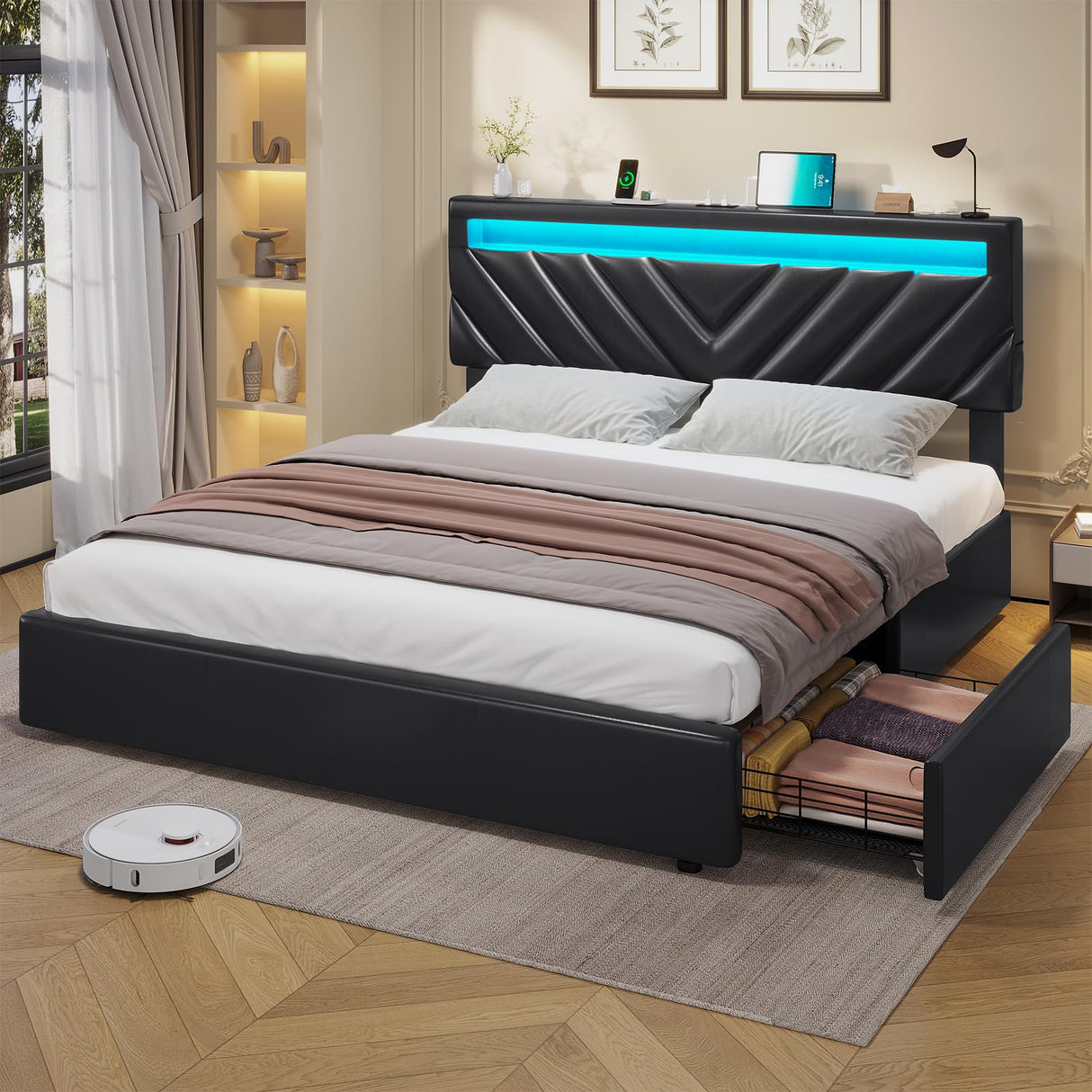 Full Bed Frame with LED Lights and Drawers, PU Leather Bed with Charging Station,