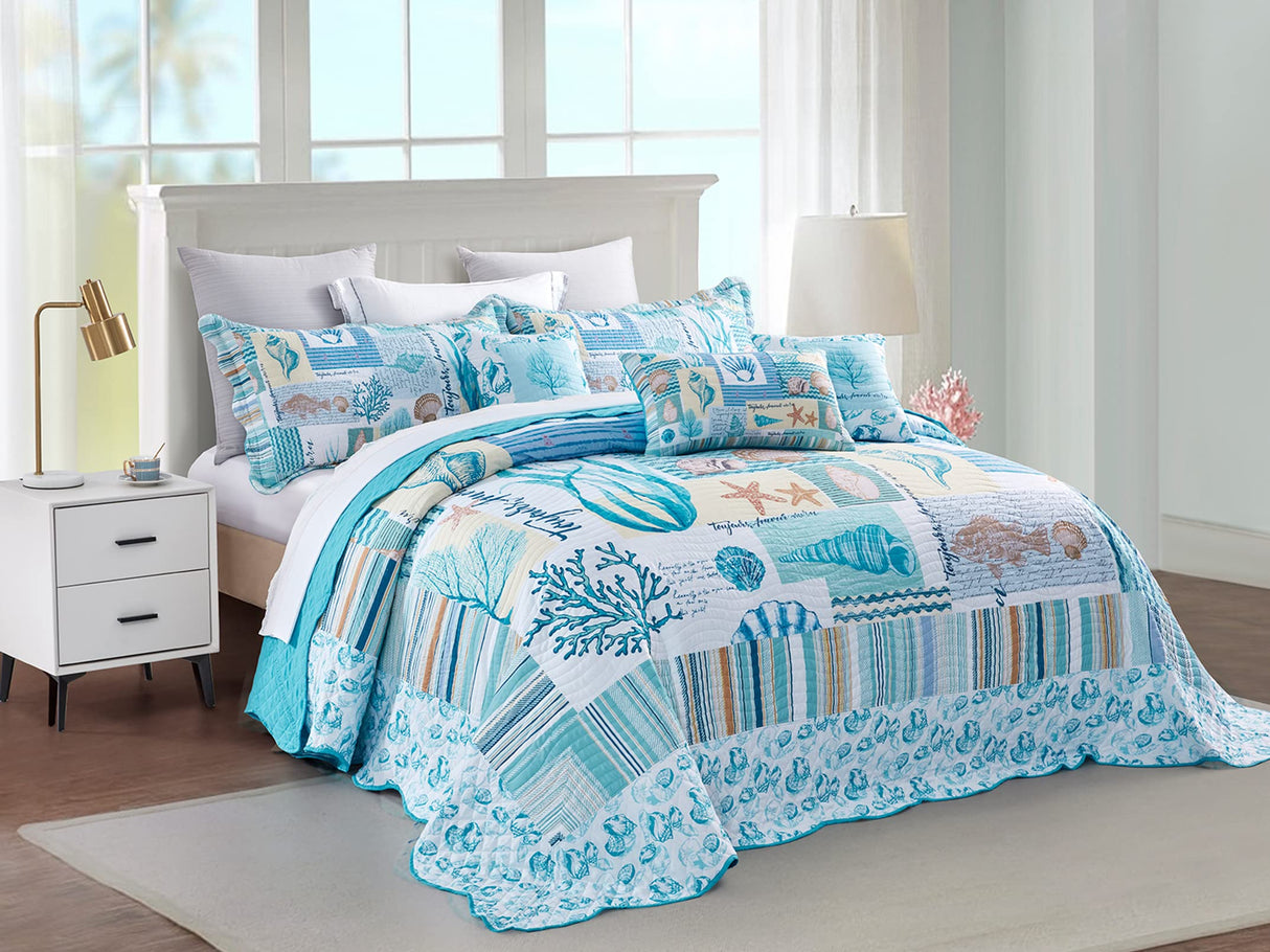 Coastal Oversized King Bedspread 128x120 Extra Wide, Lightweight Beach Bedding