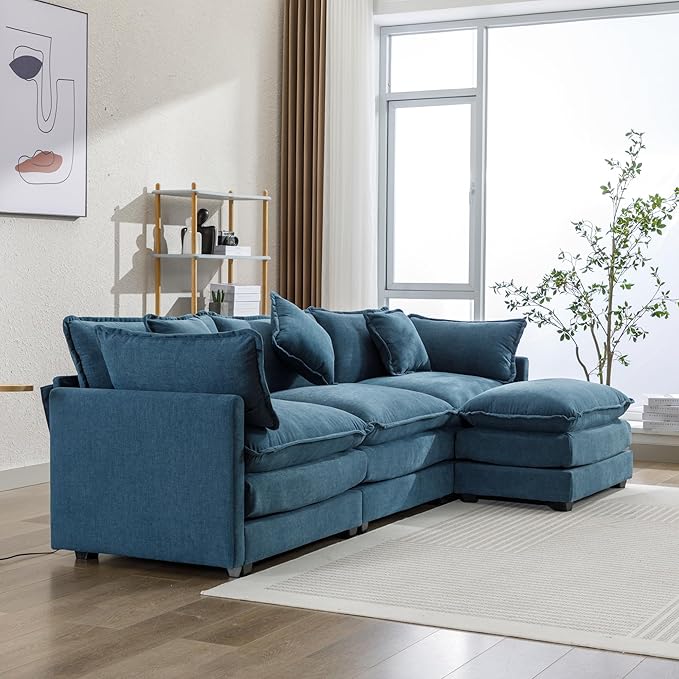 Modular Sectional Sofa Couch L-Shaped with Convertible Ottoman for Living Room, Modern Contemporary 3-Seat Sofa Couch for Apartment Office, Chenille Fabric, Beige