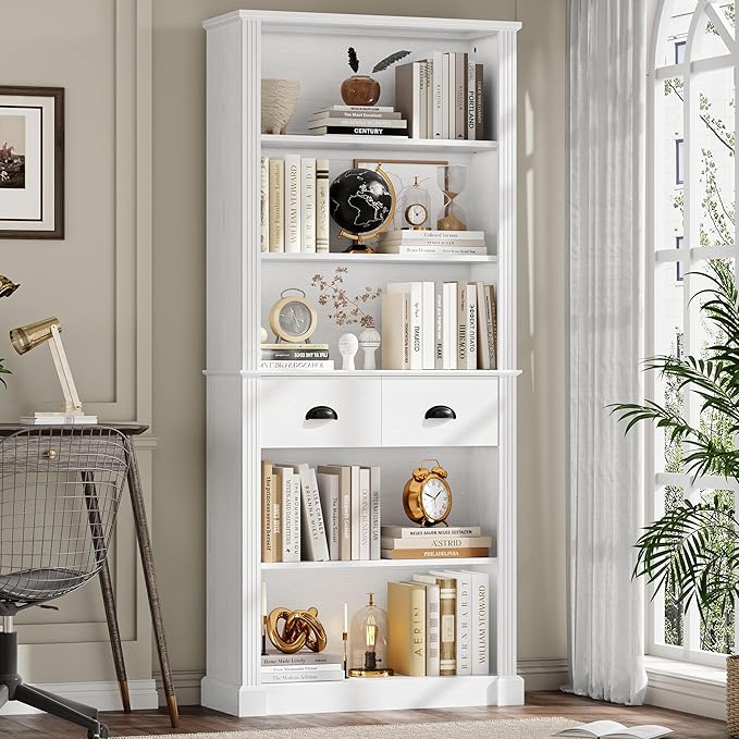 5-Tier Bookcase, Book Shelf with 2 Drawers, Tall Bookcase with Shelves