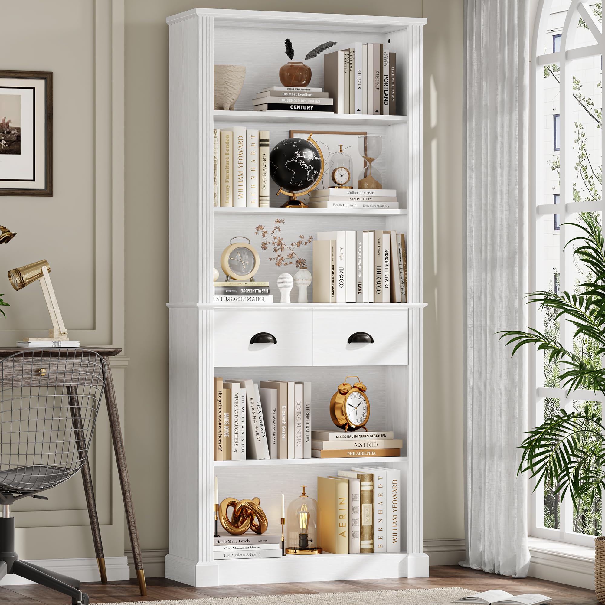 5-Tier Bookcase, Book Shelf with 2 Drawers, Tall Bookcase with Shelves
