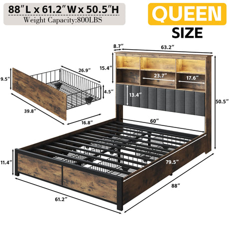 Queen Bed Frame with Headboard, Queen Bed Frame with High Storage Bookcase