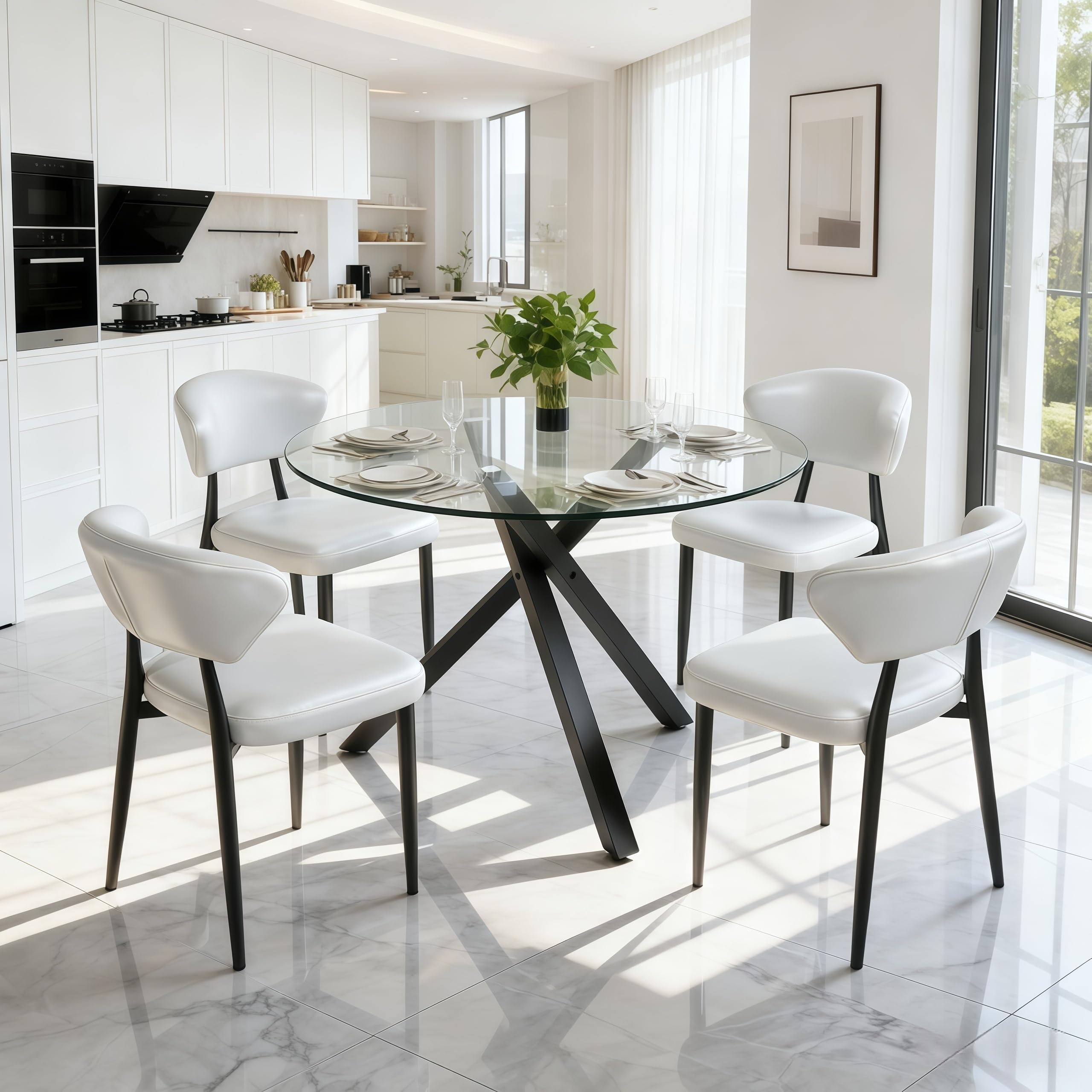 39" Round Glass Dining Table Set for 4 - Modern 5-Piece Kitchen Set