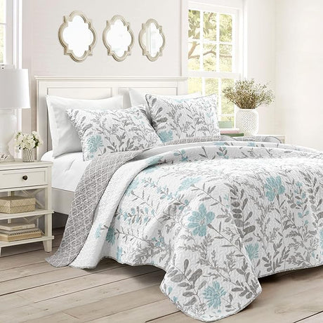 Aprile Soft Reversible Floral Comforter Set, 8 Piece Set, King, Yellow & Gray- Beautiful King