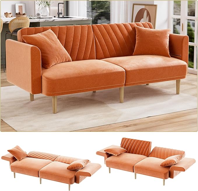 Velvet Futon Sofa Bed, 75.3" Couch Small Sofa, Loveseat, Convertible Futon Sleeper Sofa