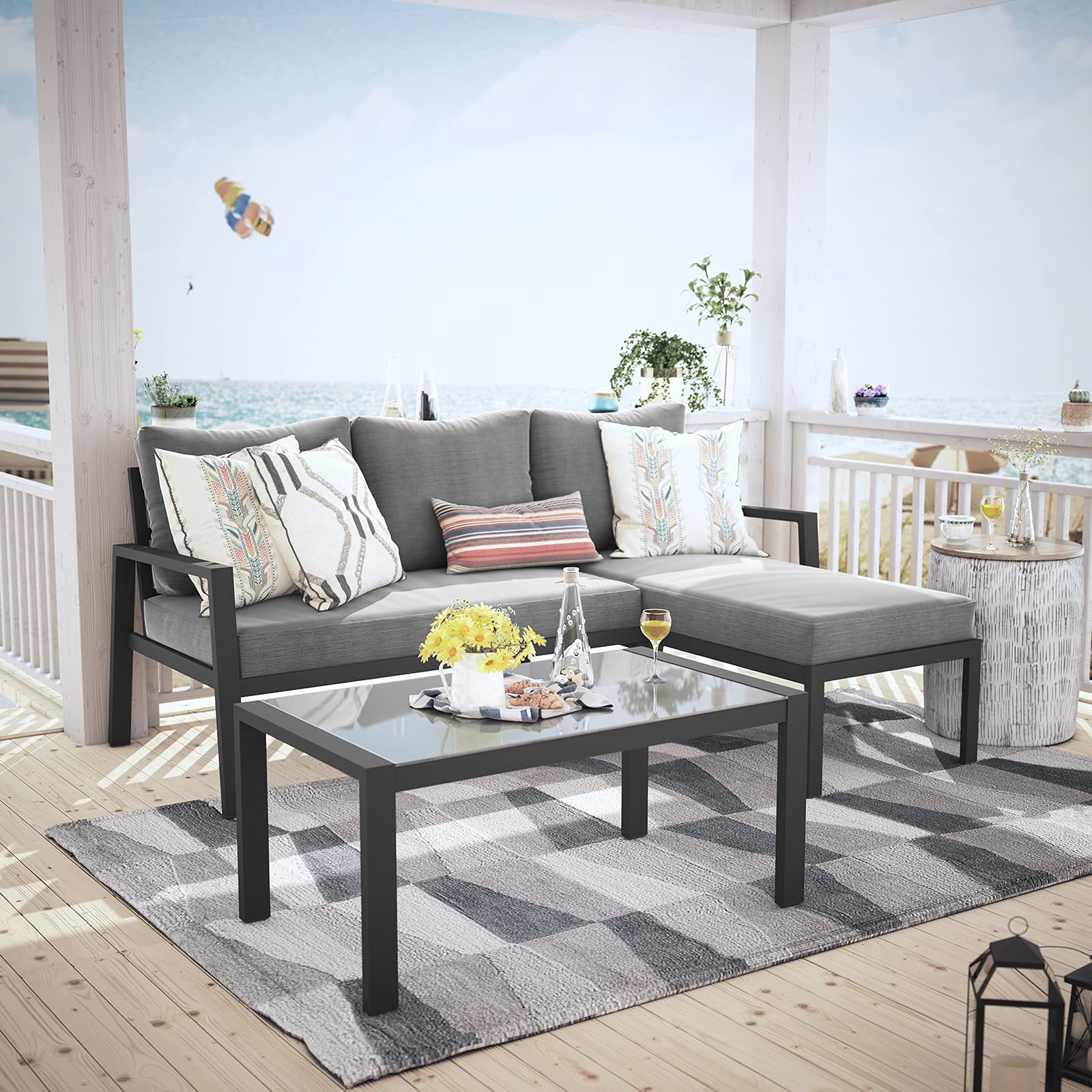Outdoor Patio Furniture Set with Chaise Lounge, Aluminum Sofa Set for Porch Garden