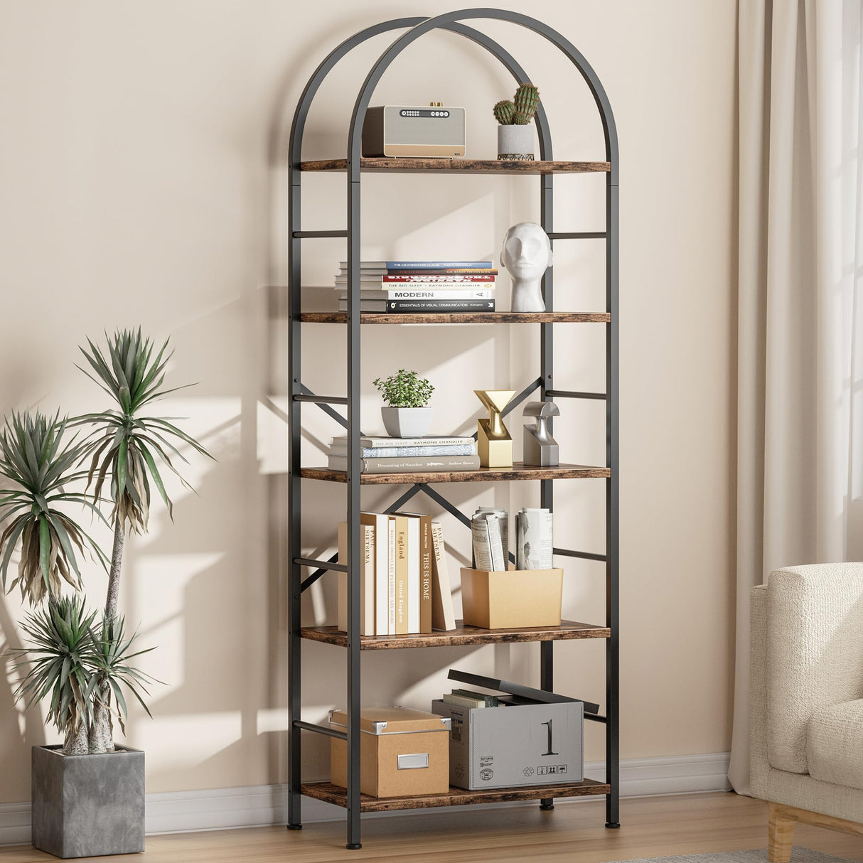 Bookshelf, Arched Bookshelf 5 Tier Bookcase, Tall Bookcase Shelf for CDs/Books