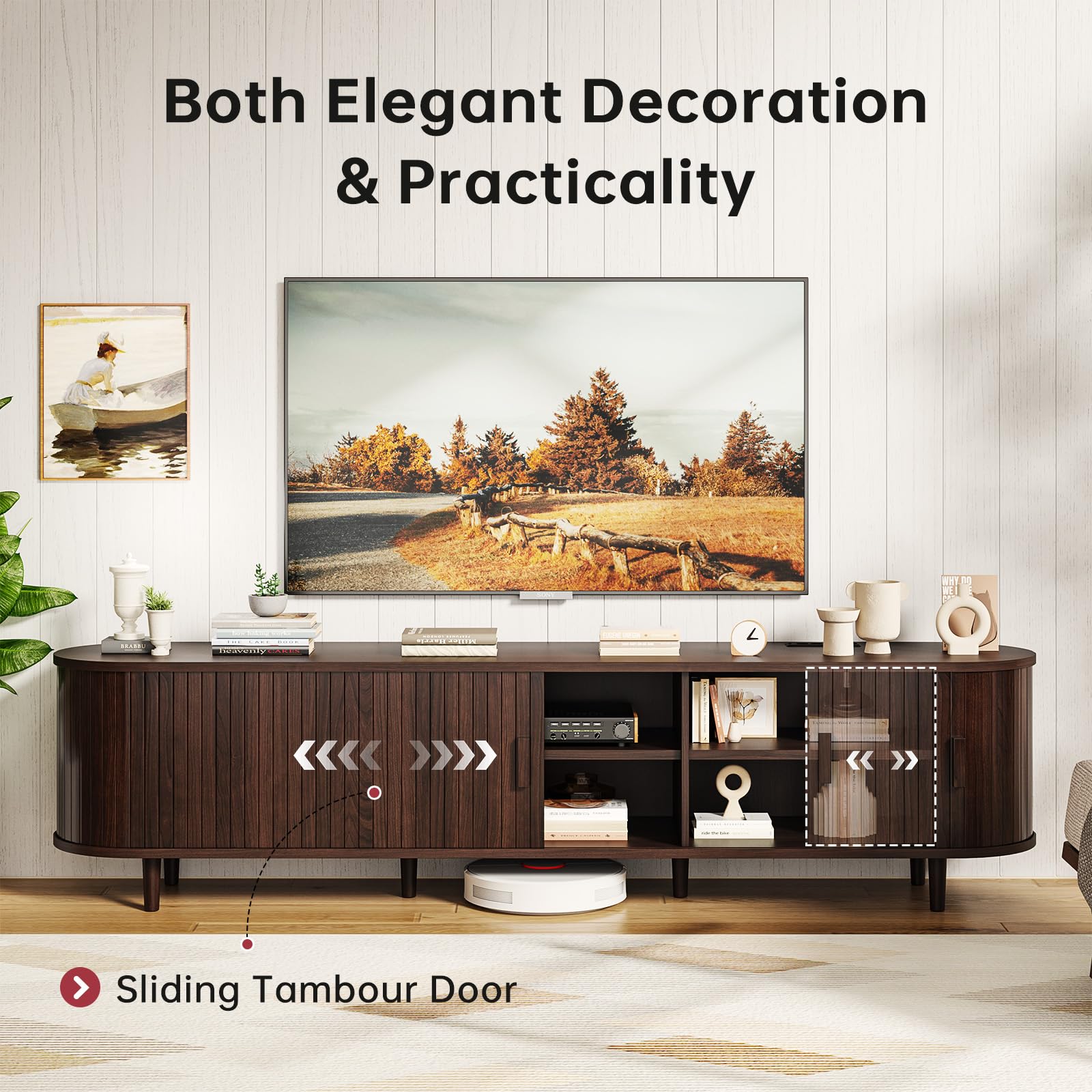 70" Mid-Century Modern TV Stand with Sliding Doors