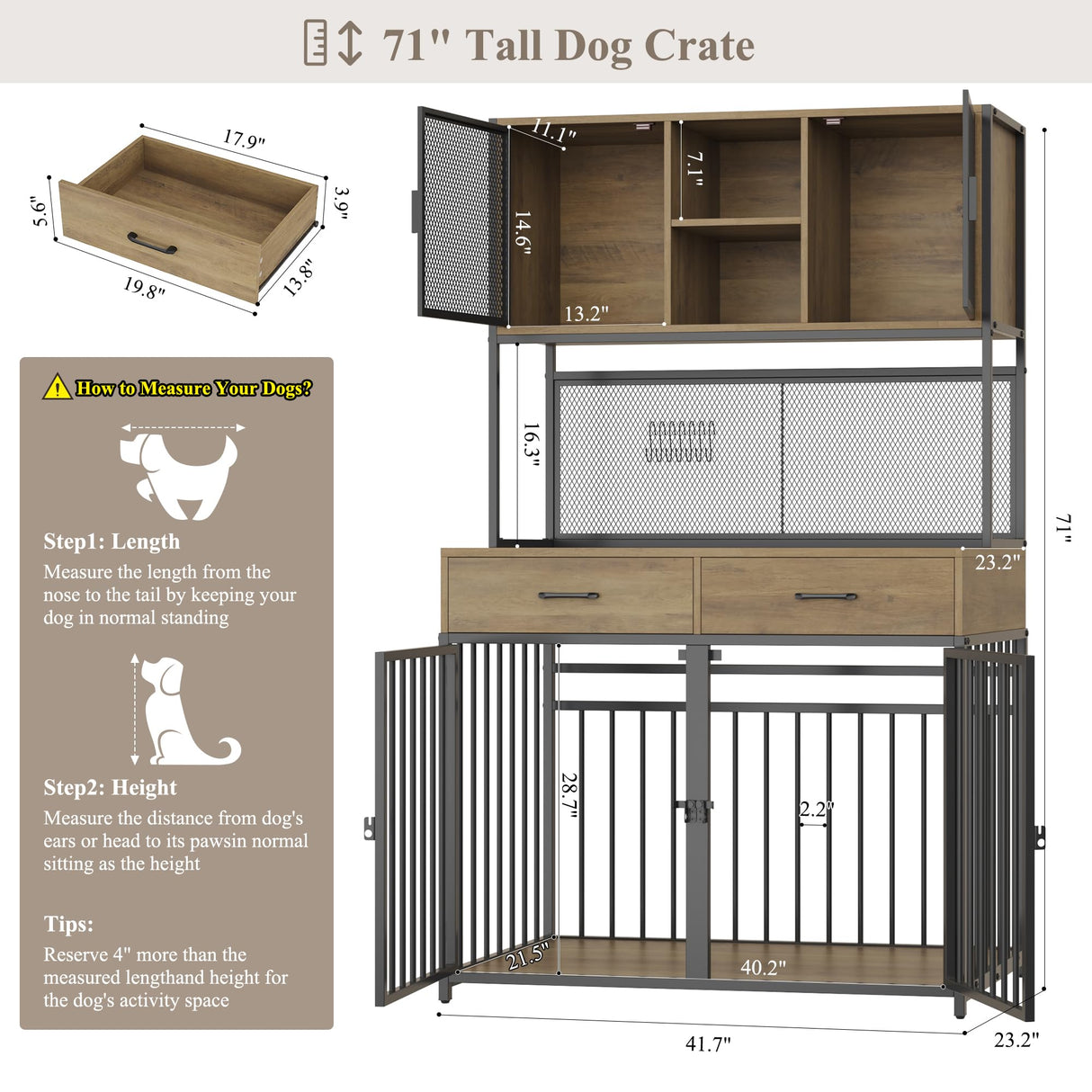 71" Tall Dog Crate Furniture with Storage Hutch - Rustic Brown