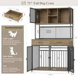 71" Tall Dog Crate Furniture with Storage Hutch - Rustic Brown