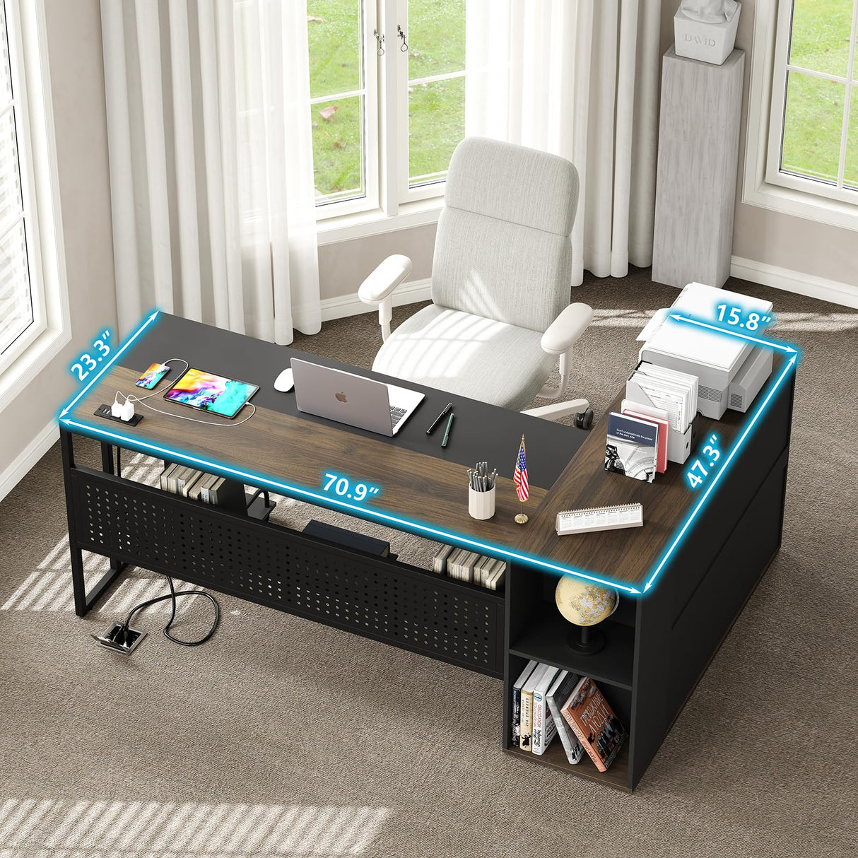 71 inch Executive Desk, L Shaped Desk with Cabinet Storage, Executive Office