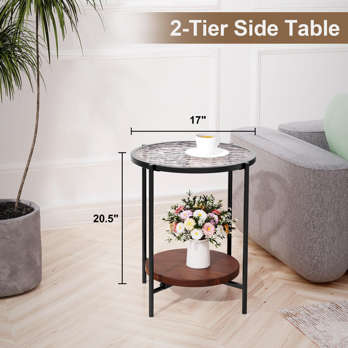 Side Table,Round End Table with 2 Shelves,17" D×20" H Living Room Table