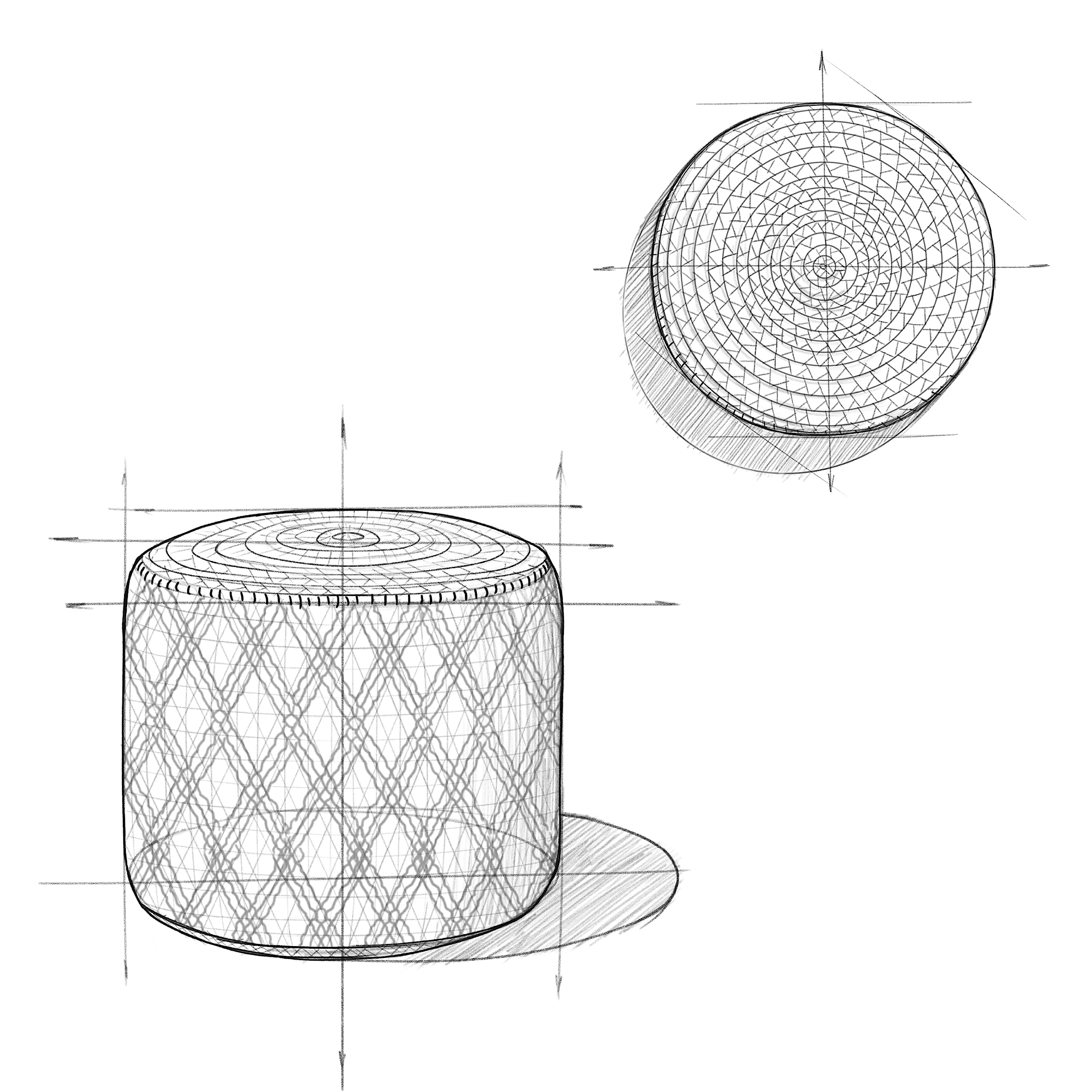 Edgeley Round Pouf, Footstool, Upholstered in Grey, Natural Woven Braided Jute