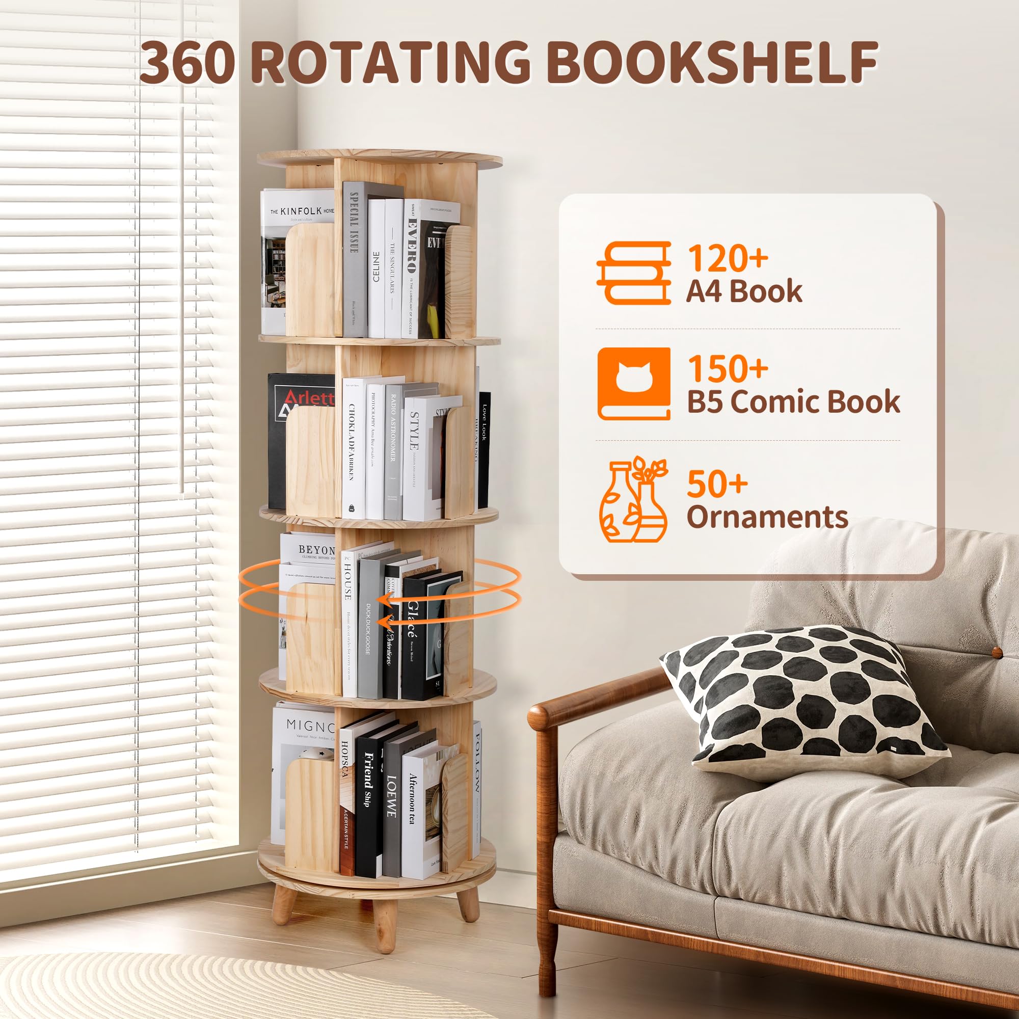Bookshelf Tower, 4 Tiers Floor Standing Bookcase Storage Rack, 360 Display Round