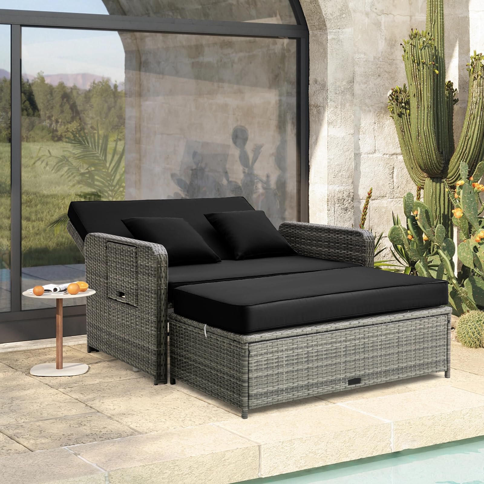 Patio Rattan Daybed Set, Wicker Loveseat Sofa w/Multipurpose Ottoman & Retractable