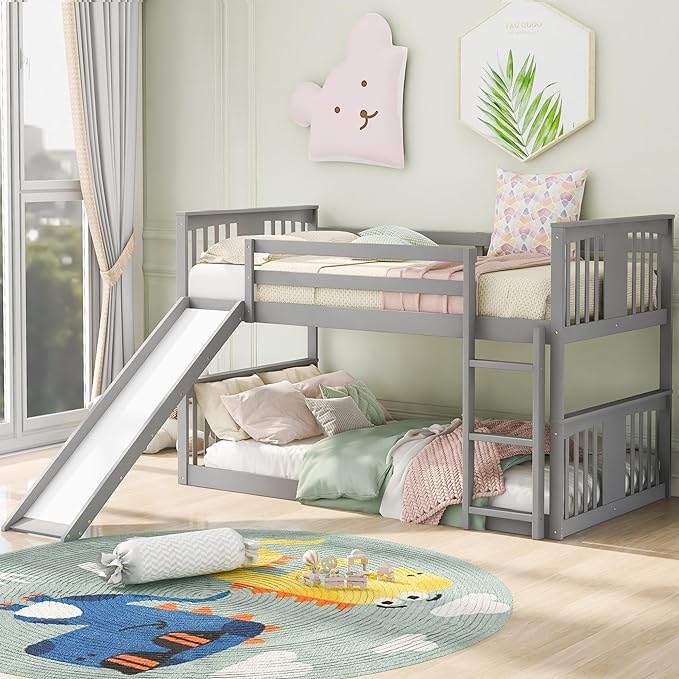 Montessori Floor Bunk Bed Twin Over Twin, Twin Bunk Bed with Slide and Ladder