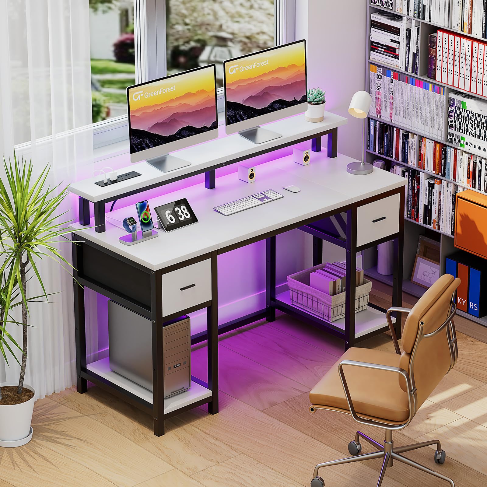 Computer Desk 50 Inch with Monitor Stand and LED Lights, Gaming Desk with 2 Fabric Drawers and Power Outlets