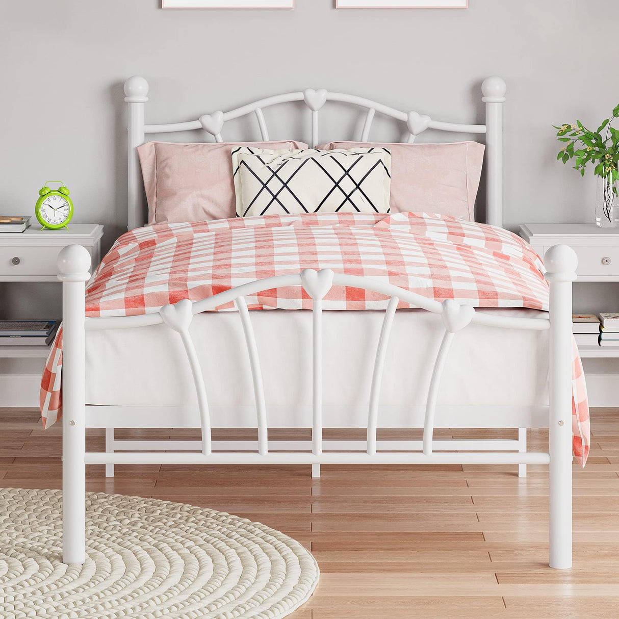 IDEALHOUSE White Twin Bed Frame for Kids,Twin Bed Frame with Heart Shaped Headboard and Tailboard,Heavy Metal Slat Support,Noiseless,White