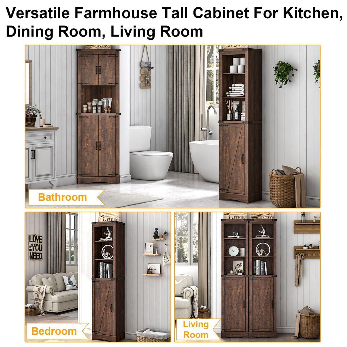 Farmhouse Storage Cabinet, 5-Shelf Tall Bathroom Cabinet