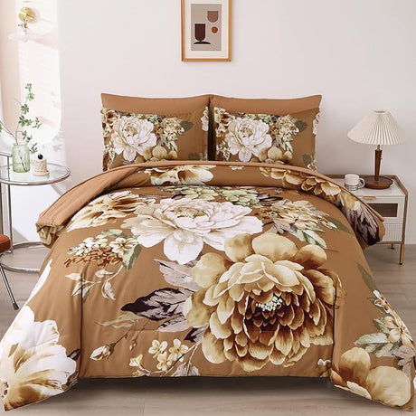 Khaki Comforter Set King Size 7 Pieces Floral Bed in a Bag Taupe Flower Green Leaves Bed Comforter Set Soft Bedding Sets for All Season with Flat Sheet, Fitted Sheets, Pillowcases & Shams