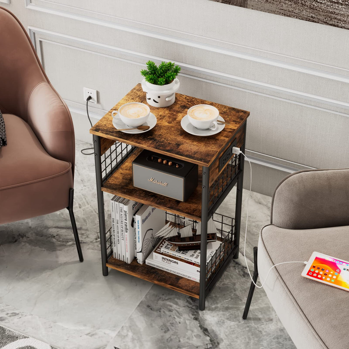 Side Table with Charging Station & USB Ports,3-Tier End Table for Living Room